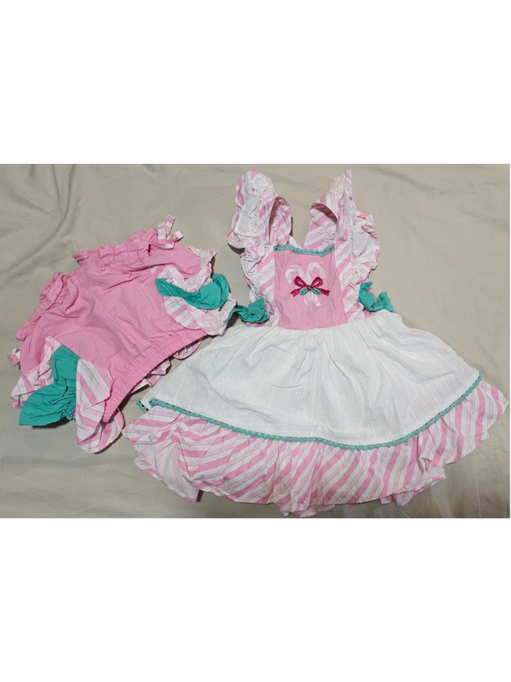 Toddler Girl Three By The Sea Candy Cane Dress and Bloomers Set Pink White 2T